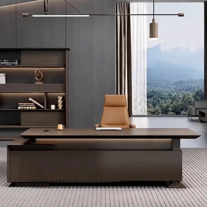 Atlee desk under a linear pendant with mountain views beyond