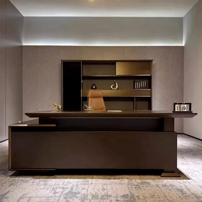 Atlee executive desk centered under cove lighting, storage wall behind