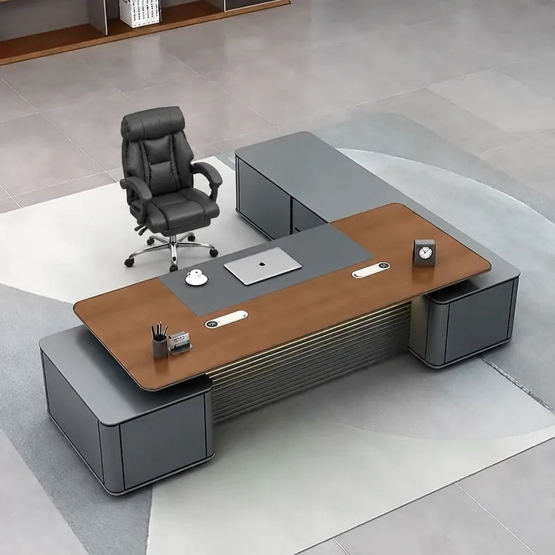 Top view of the Audley desk, left return, dark leather pad on brown oak