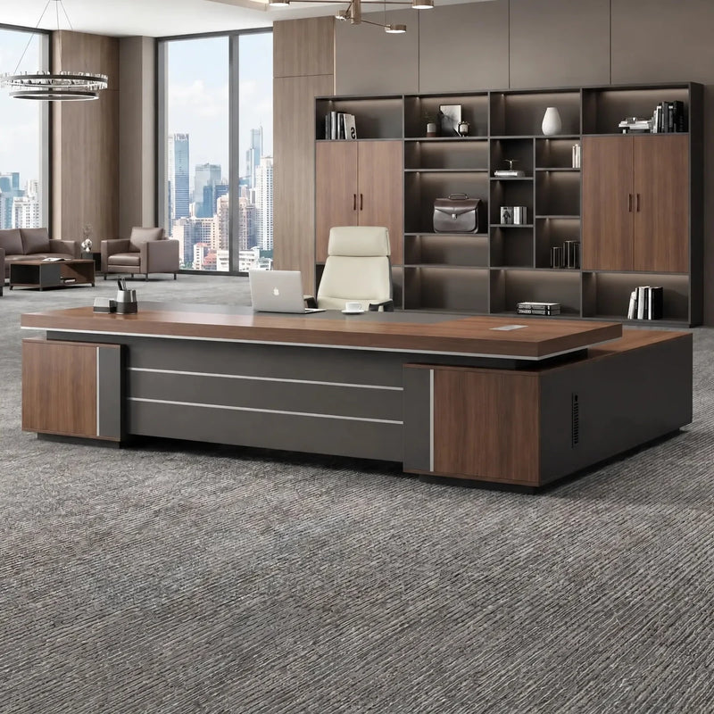 August executive desk in mahogany, left return, in a skyline CEO office