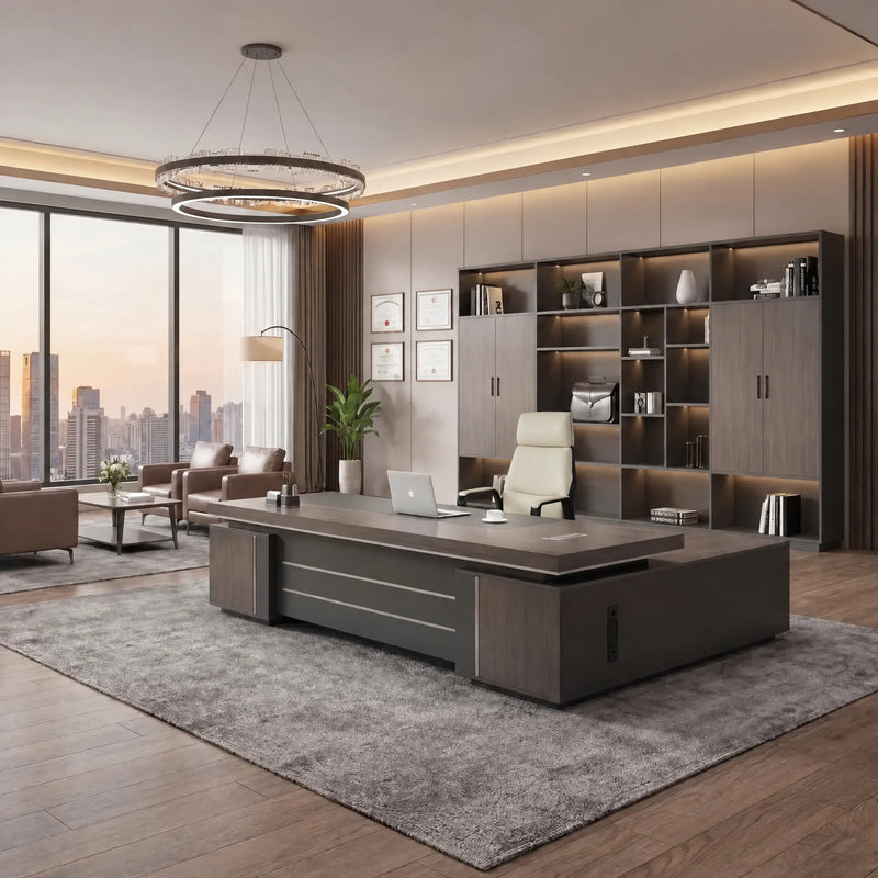 August desk in weathered gray oak, left return, in a warm executive suite