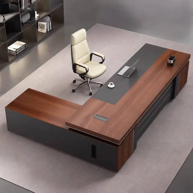 Top-down view of the August desk in mahogany with corner cable port