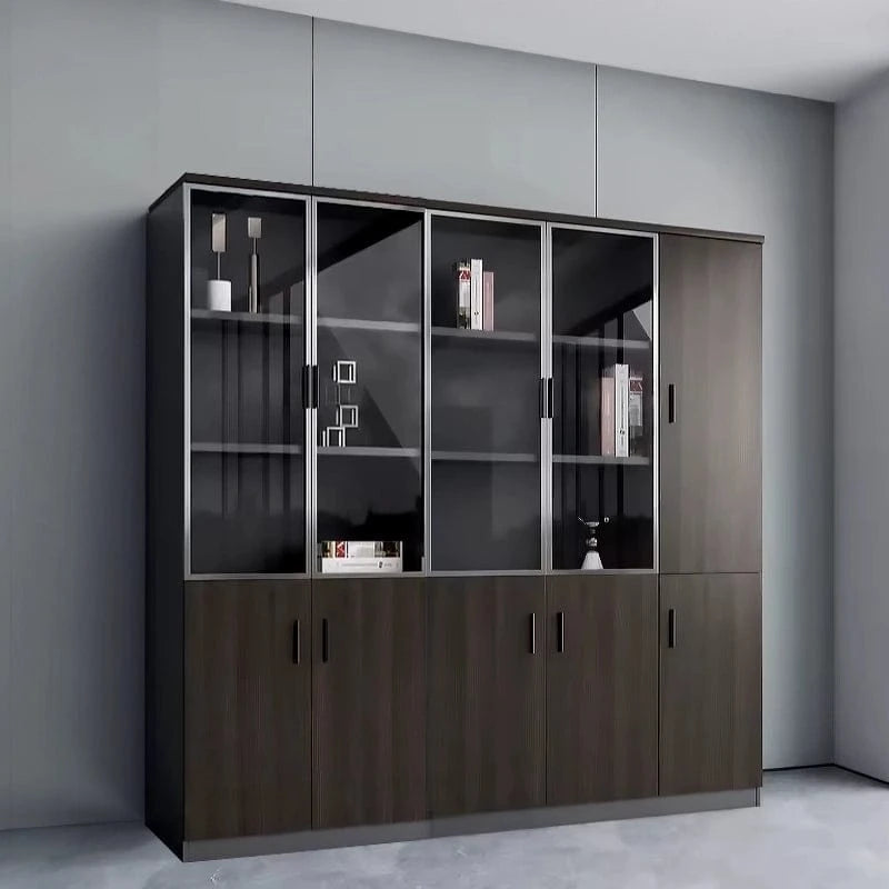 Denton office storage cabinet front view in a gray room, books and décor behind the glass doors, closed base cabinets