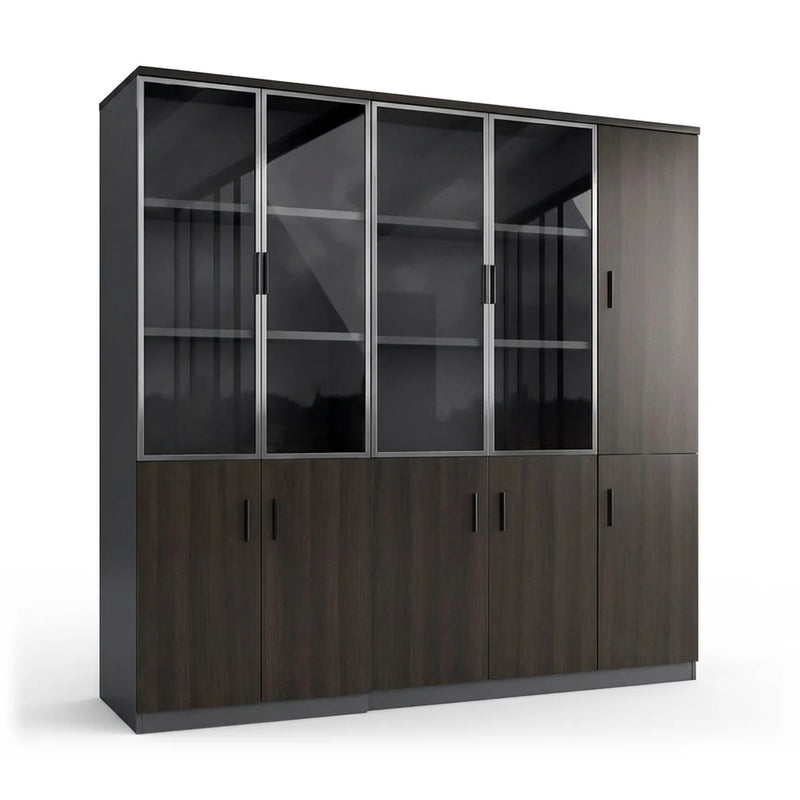 Denton 6′7″ (79-inch) office cabinet in gray oak, framed glass display doors over solid lower doors, tall side cabinet