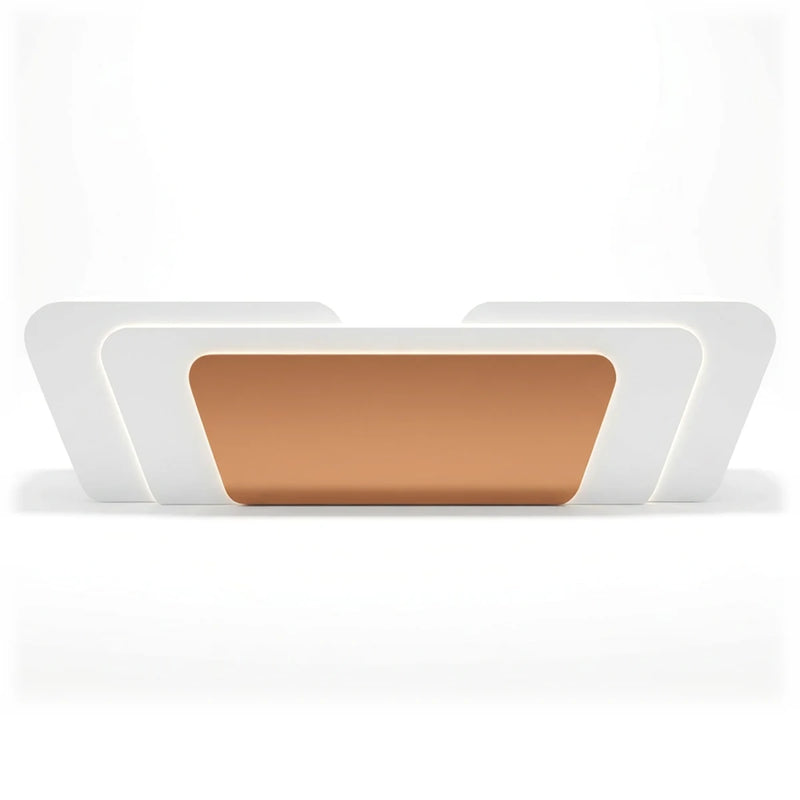 Alithia reception desk in glossy white with a copper front panel, base configuration, studio view