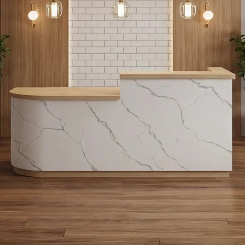 Beatriz front desk, left configuration, against white subway tile