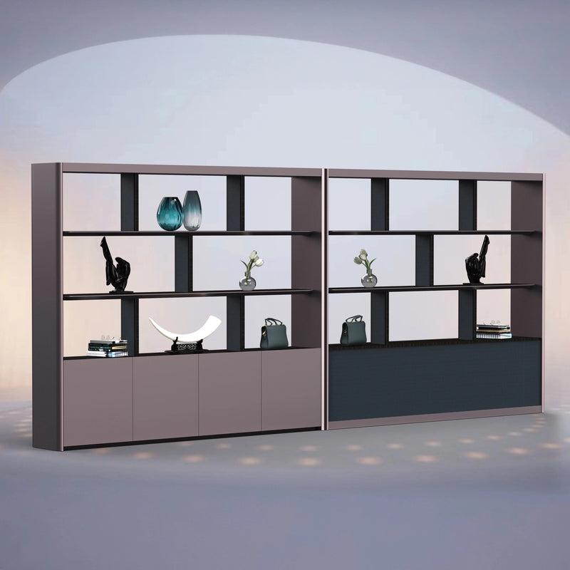Vanta 8′ (96-inch) open shelving units side by side with glass vases and sculptures on the tiers, gray