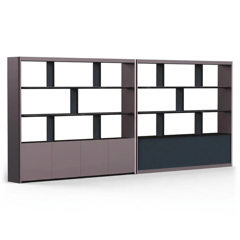 Vanta open display office shelves, two 8′ (96-inch) units side by side, gray grid shelving over lower cabinets