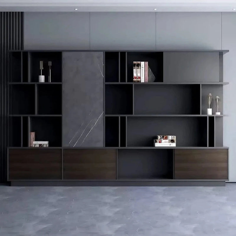 Brixton office shelves front view in a gray room, décor on the open tiers, marble-effect door and walnut base cabinets