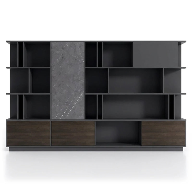 Brixton 10′6″ (126-inch) office wall unit, black open shelving with a marble-effect sliding door and walnut lower cabinets