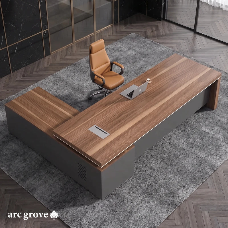 Belford golden walnut L-shaped desk seen from above on a charcoal gray rug