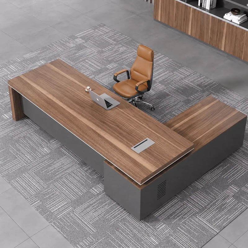 Belford L-shaped desk from above, left return, cable ports visible