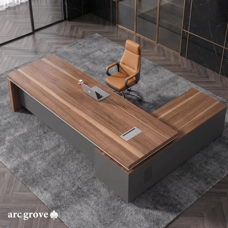 Belford golden walnut L-shaped desk seen from above, mirrored layout