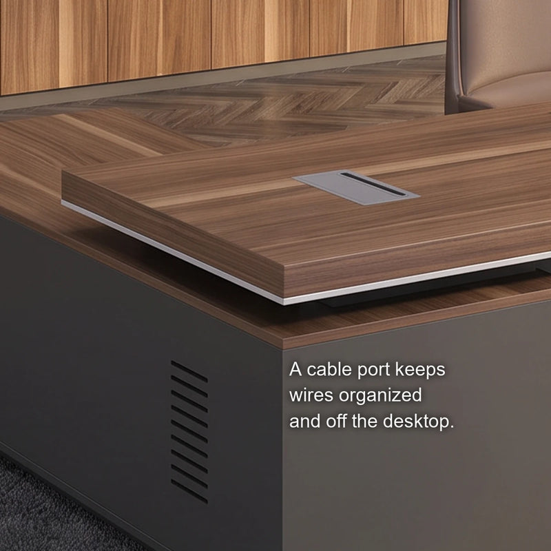 Close-up of the Belford desk's cable port and silver edge trim