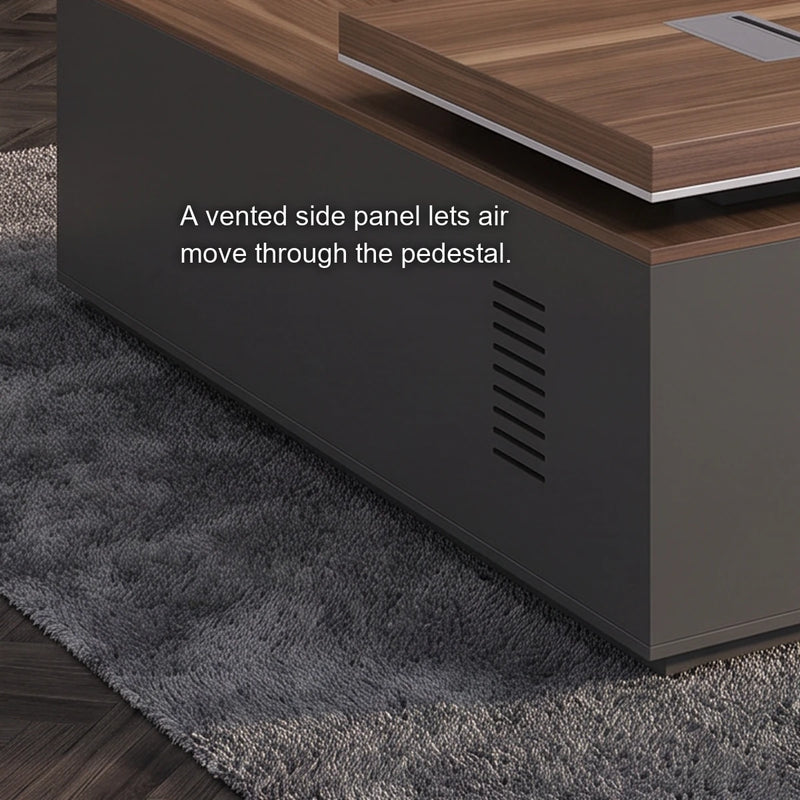 Close-up of the vented side panel on the Belford desk's pedestal
