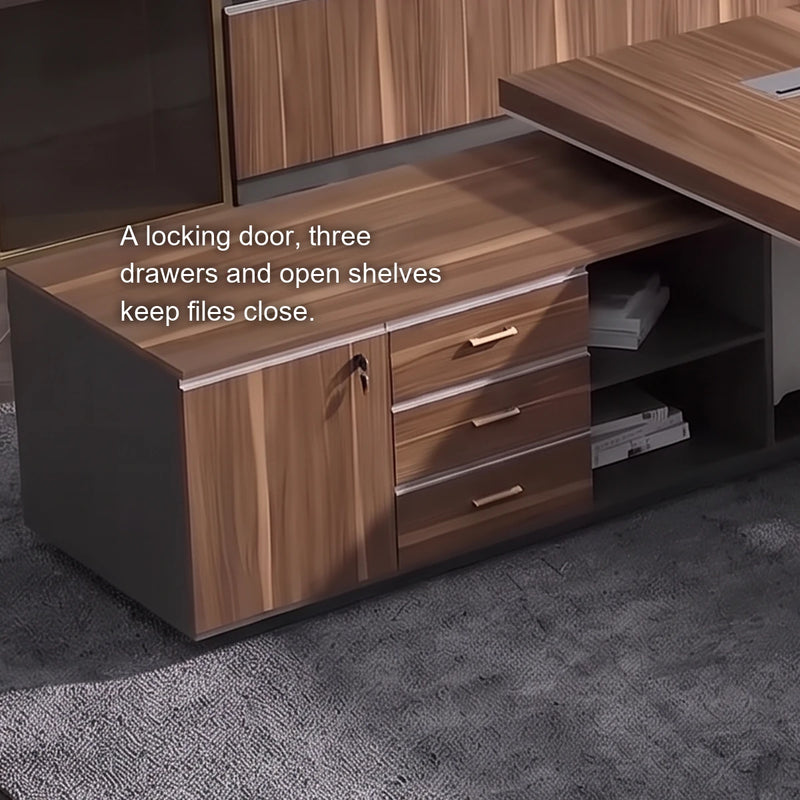 Close-up of the Belford desk's return with a locking door, three drawers and open shelves