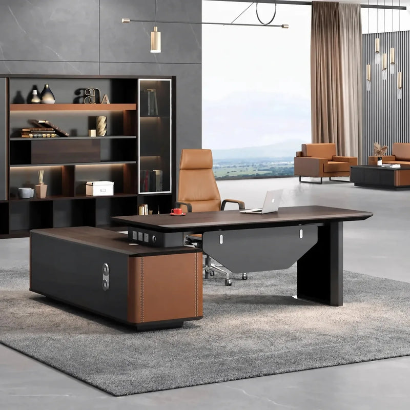 Bentley manager desk, right return, in an office with mountain-view windows