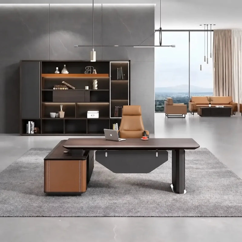 Bentley desk facing forward on a gray rug, leather return cabinet at left