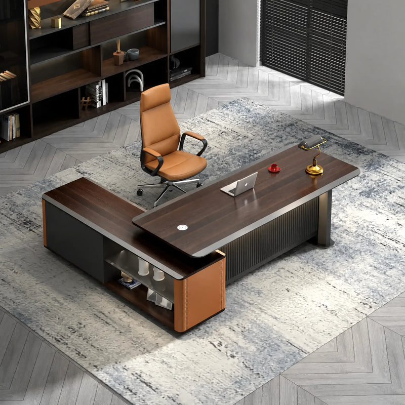 Overhead view of the Bramwell desk with leather-wrapped return, laptop open