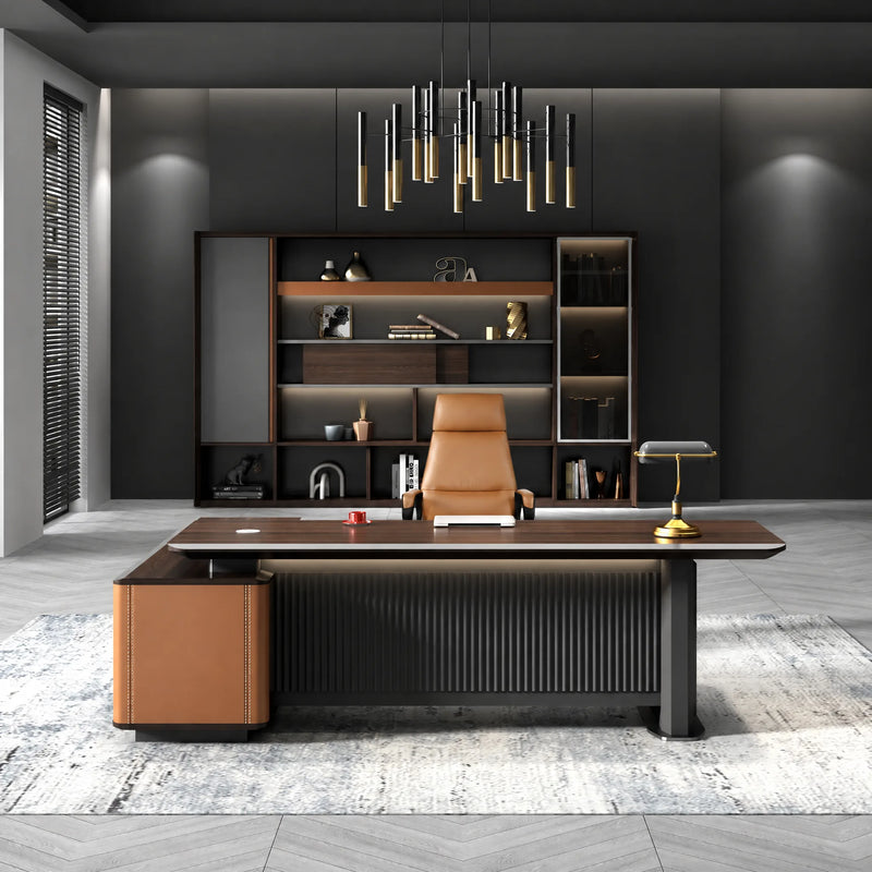 Bramwell executive desk centered in a gray office with backlit shelving