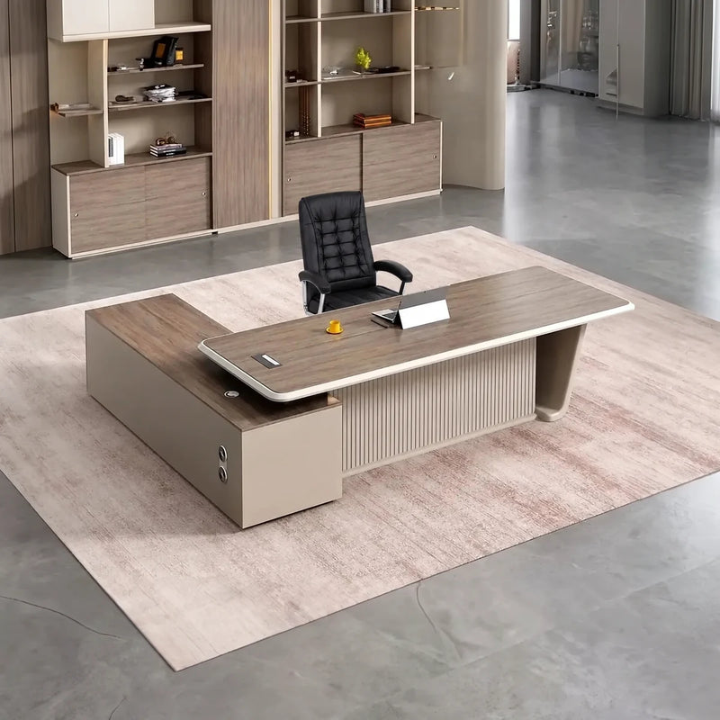 Brimley executive desk, right return, in a soft beige office suite