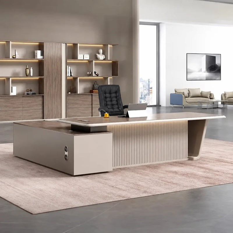 Walnut Brimley desk with right return under high ceilings and city light