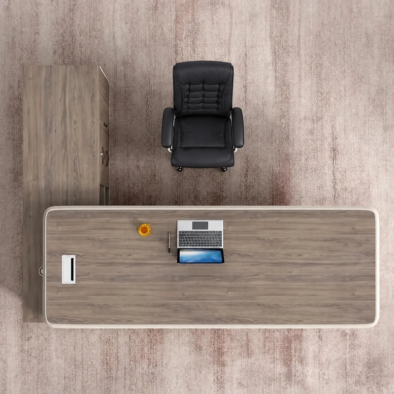 Top-down view of the Brimley desk with laptop on the walnut top