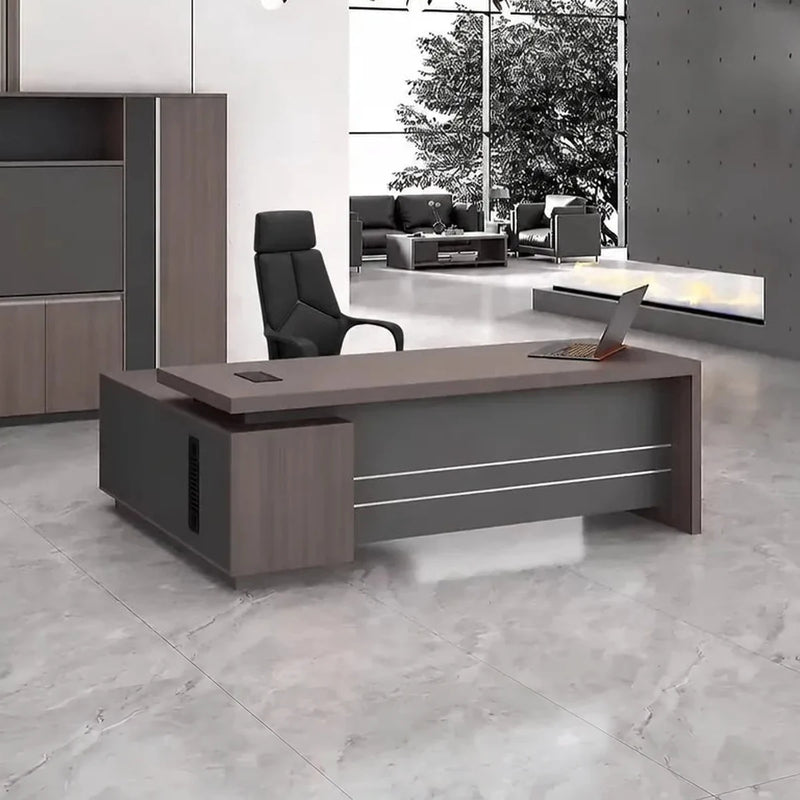 Bristol desk, right return, in a gray-walled office with garden view