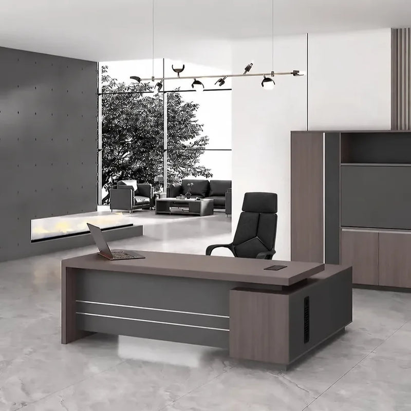 Bristol desk in weathered gray oak, left return, silver accent lines