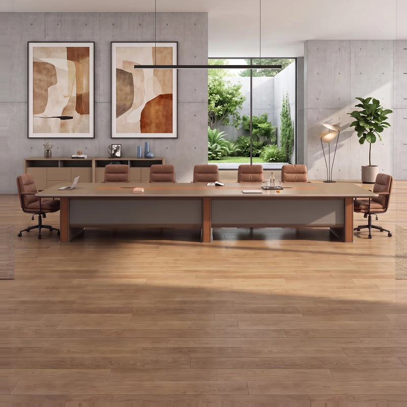Brock massive 19′8″ (236-inch) boardroom table seating 18, in a gray-paneled room with a city view