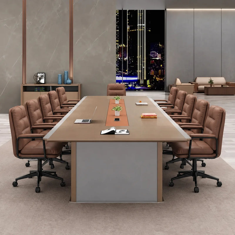 Brock grand conference table with cream leather chairs and a matching credenza, city lights behind