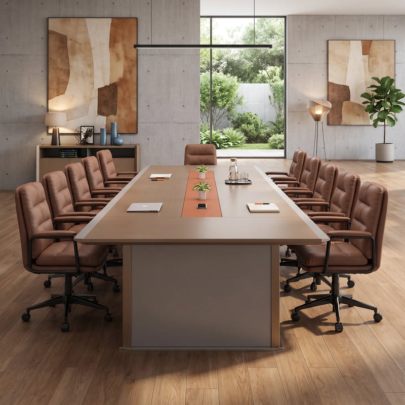 Brock grand conference table with cream leather chairs and a matching credenza, city lights behind