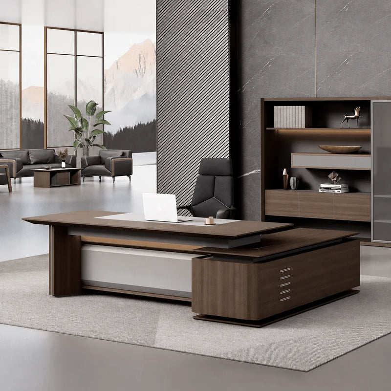 Brontë desk in a lawyer's office setting with mountain artwork and lounge