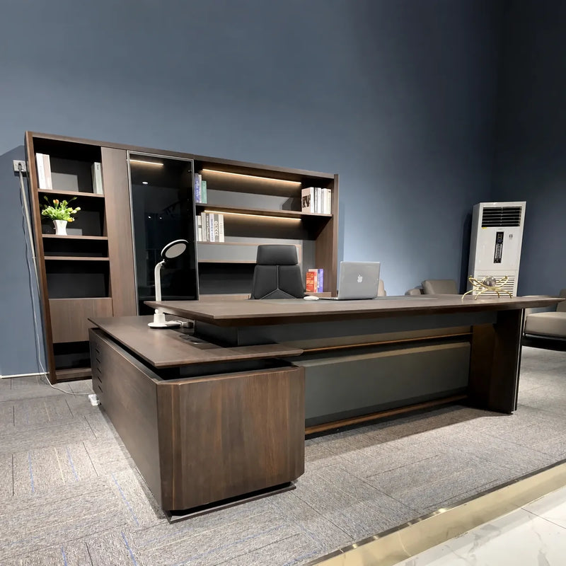 Photo of the Brontë desk assembled in a blue-walled office
