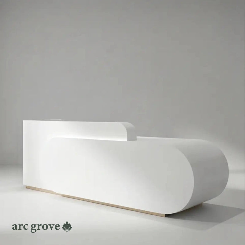 Odette desk rear angle with brass base, studio view