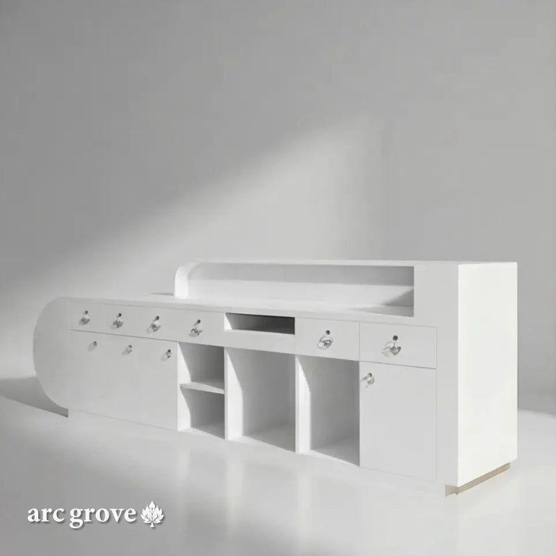 Odette counter staff side with drawers and shelf bays