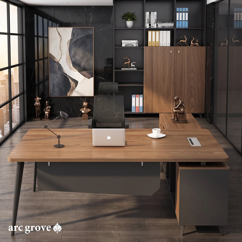 Caelum L-shaped desk, mirrored layout, in a black marble office