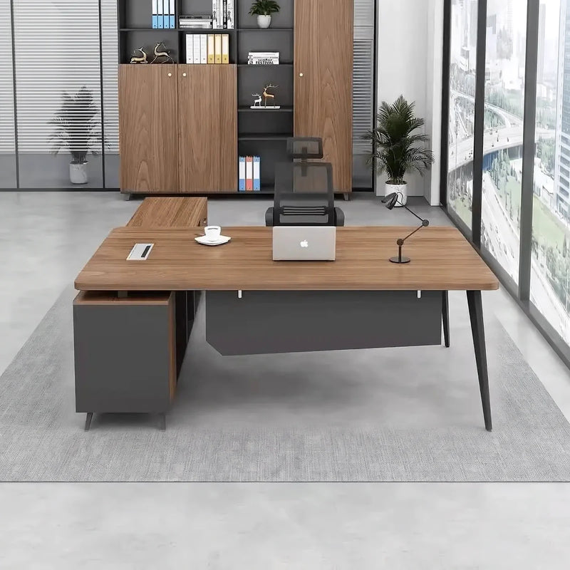 Caelum manager desk, right return, with three-drawer credenza by the window