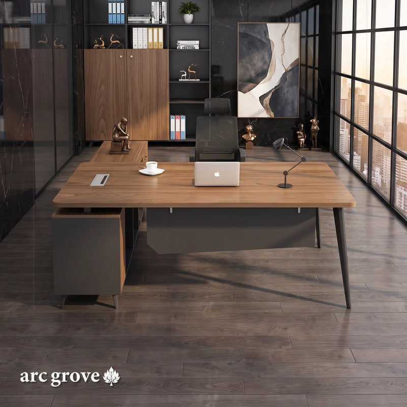 Caelum L-shaped desk in golden teak with charcoal gray panels and black metal legs in a black marble office with city windows