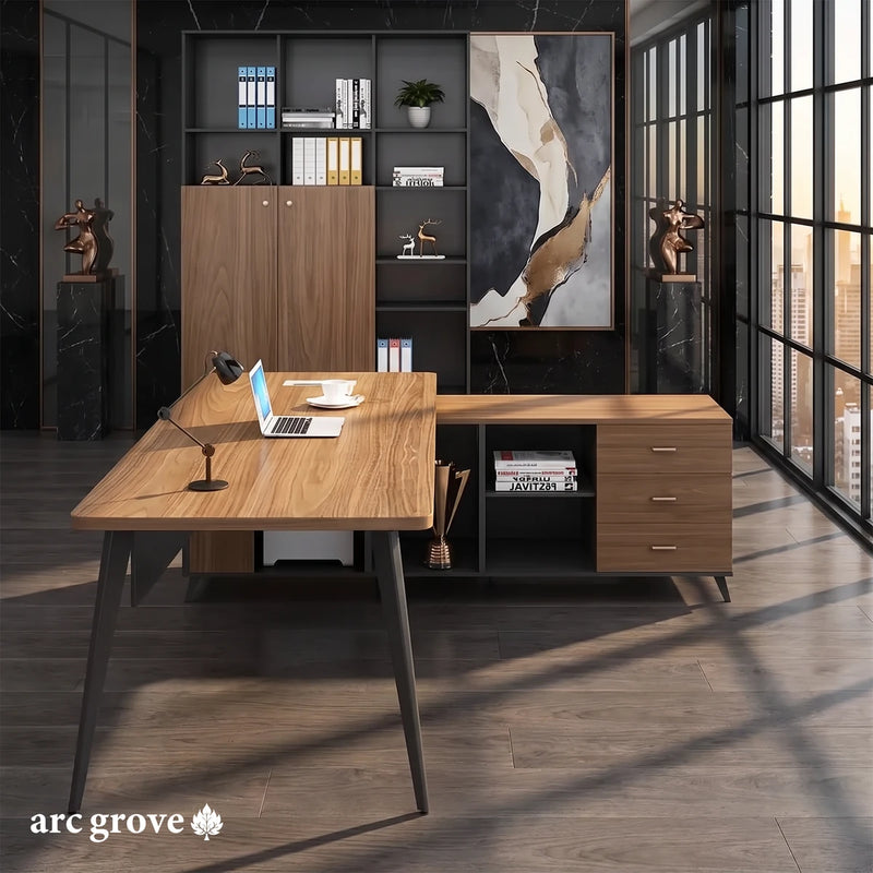 Caelum desk from the side, slim tapered legs under the golden teak top