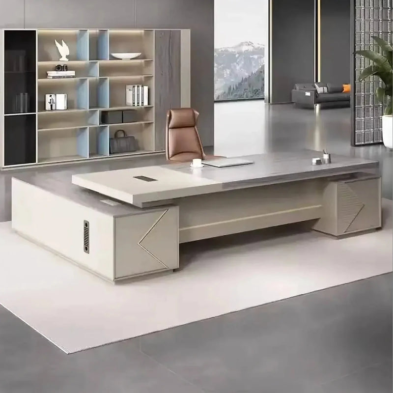 Calista desk, right return, in a CEO office with mountain-view shelving