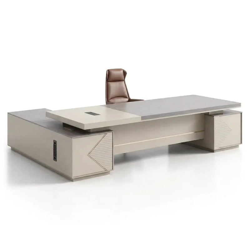 Calista L-shaped executive desk in pine and cream with chevron pedestals