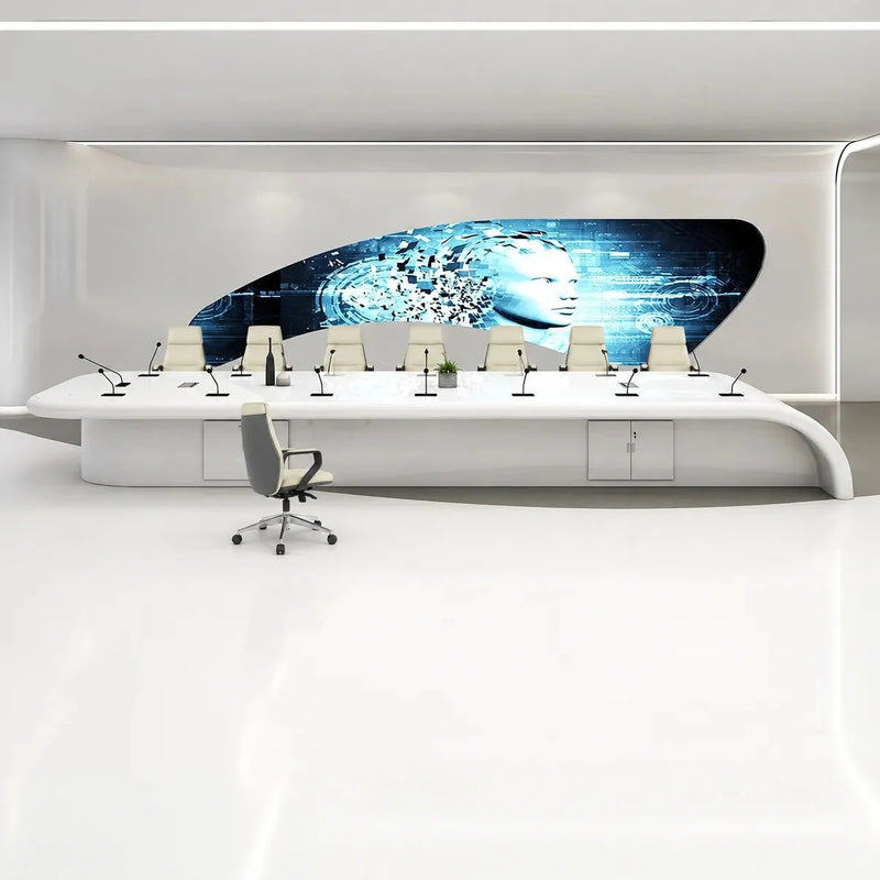Calix sleek white high-gloss conference table with microphones at each seat in a large presentation hall
