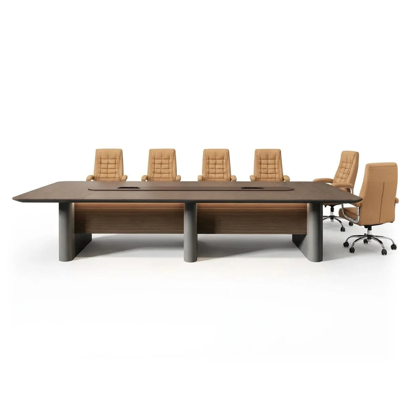 Callum modern conference table in brown and gray with a leather-look center strip and rounded legs, 12′ or 15′9″ (144 or 189-inch) length