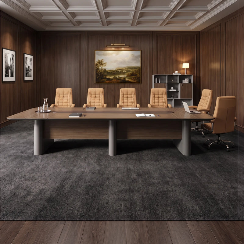 Callum large conference table seating 12 beneath ring pendant lights with a city skyline view