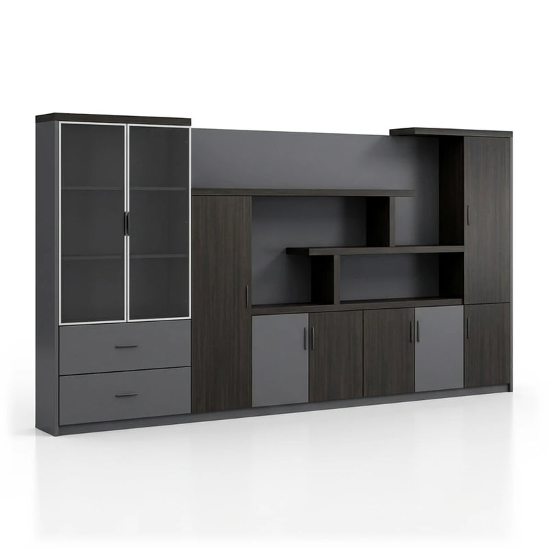 Wexford 10′6″ (126-inch) office wall unit in dark oak and gray, glass-door cabinet, open shelves, drawers and a tall wardrobe