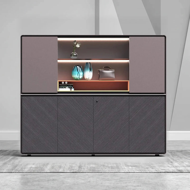 Lisse office shelves front render with integrated lighting, teal glass décor in the lit niche, ribbed charcoal base
