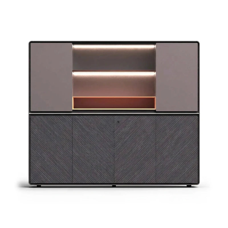 Lisse 8′ (96-inch) luxury office wall unit in gray, lit display niche with a copper shelf over dark ribbed cabinet doors
