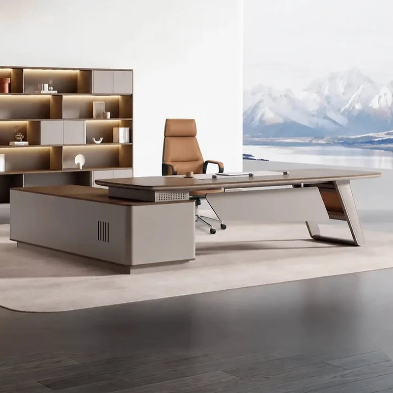 Canmore manager desk, right return, in a lakeside executive office