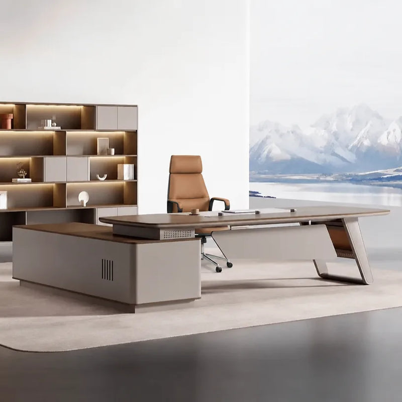 Canmore manager desk, right return, in a lakeside executive office